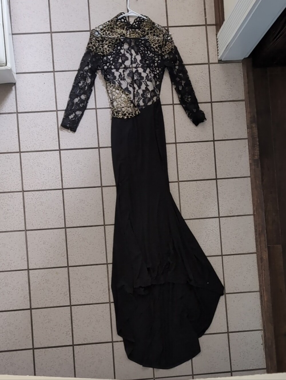 Black Lace & Gold Accent Long Sleeve Evening Dress